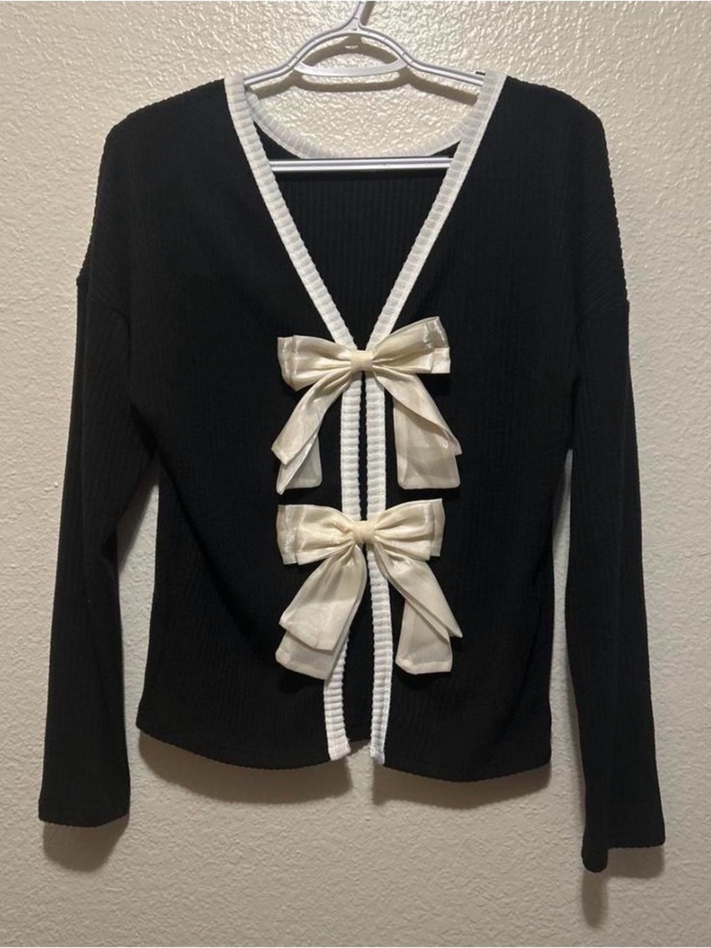 SHEIN Black Ribbed Cardigan with Cream Bow Trim
